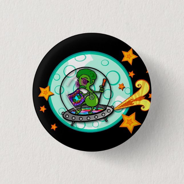 FUNNY CARTOON DISCO ALIEN ROUND BUTTON (Front)