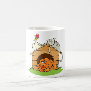Funny Cartoon Dog Cat and Chicken on Doghouse  Coffee Mug