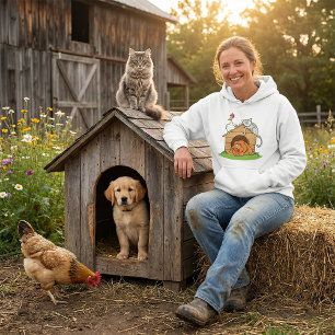 Funny Cartoon Dog Cat and Chicken on Doghouse Hoodie