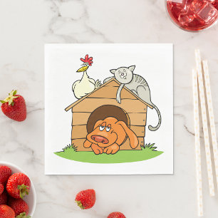 Funny Cartoon Dog Cat and Chicken on Doghouse Napkin