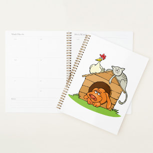 Funny Cartoon Dog Cat and Chicken on Doghouse Planner