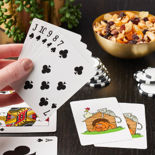 Funny Cartoon Dog Cat and Chicken on Doghouse Playing Cards