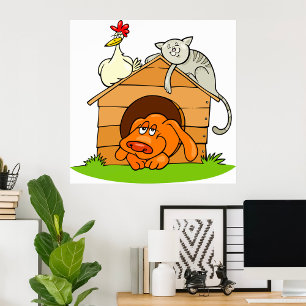 Funny Cartoon Dog Cat and Chicken on Doghouse  Poster