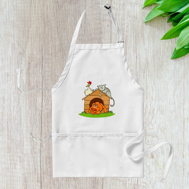 Funny Cartoon Dog Cat and Chicken on Doghouse  Standard Apron (Creator Uploaded)