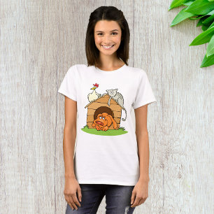 Funny Cartoon Dog Cat and Chicken on Doghouse  T-Shirt