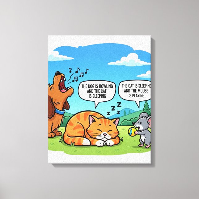 Funny Cartoon Dog, Cat, and Mouse Canvas Print (Front)