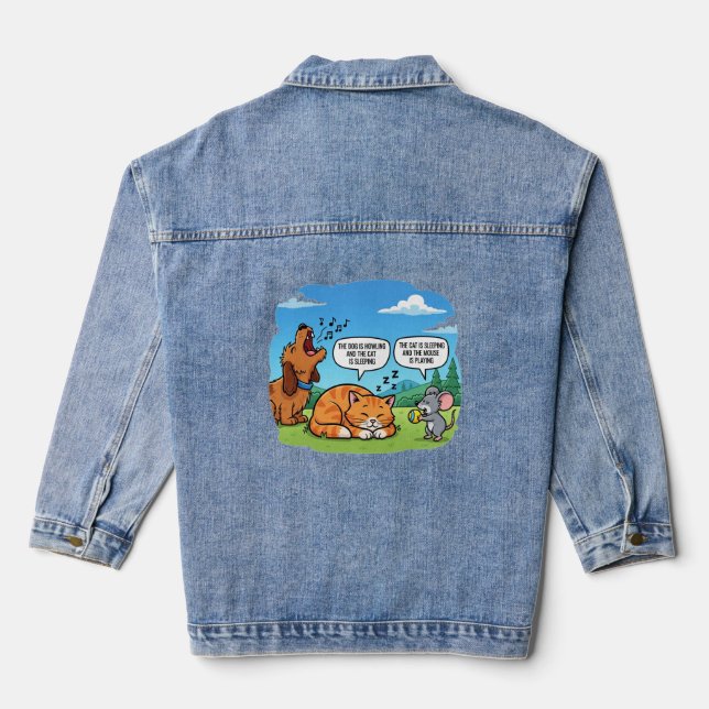 Funny Cartoon Dog, Cat, and Mouse Denim Jacket (Back)