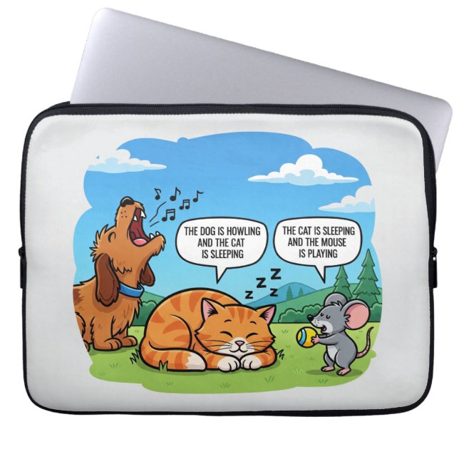 Funny Cartoon Dog, Cat, and Mouse Laptop Sleeve (Front)