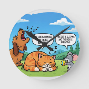 Funny Cartoon Dog, Cat, and Mouse Round Clock