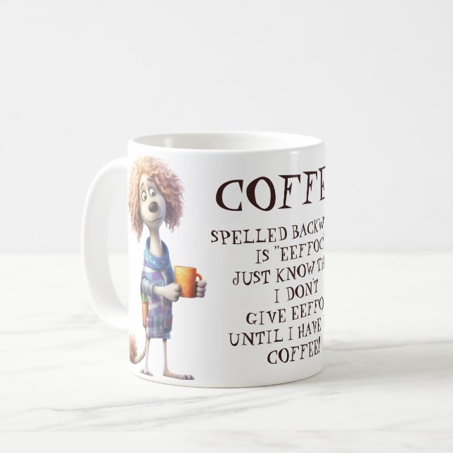 Funny Cartoon Dog Coffee Spelled Backwards Coffee Mug (Front Left)