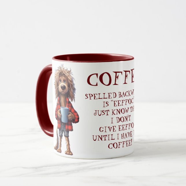 Funny Cartoon Dog Coffee Spelled Backwards Mug (Front Left)