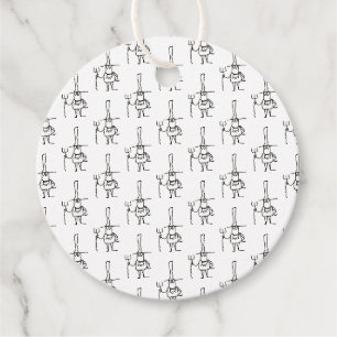Funny Cartoon Farmer with Rake Drawing Favour Tags