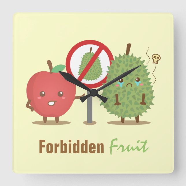Funny Cartoon, Forbidden Fruit, Apple and Durian Square Wall Clock (Front)