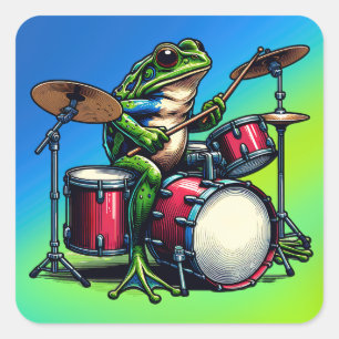 Funny Cartoon Frog Playing the Drums Square Sticker