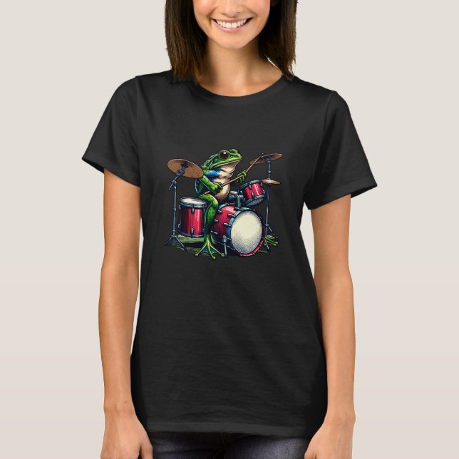 Funny Cartoon Frog Playing the Drums T-Shirt (Front)