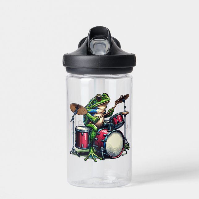 Funny Cartoon Frog Playing the Drums Water Bottle (Front)