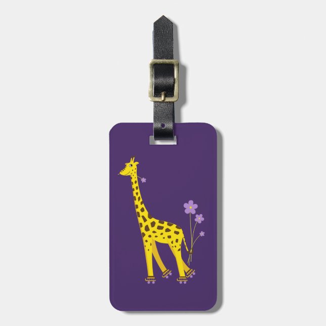 Funny Cartoon Giraffe Roller Skating Personalised Luggage Tag (Front Vertical)