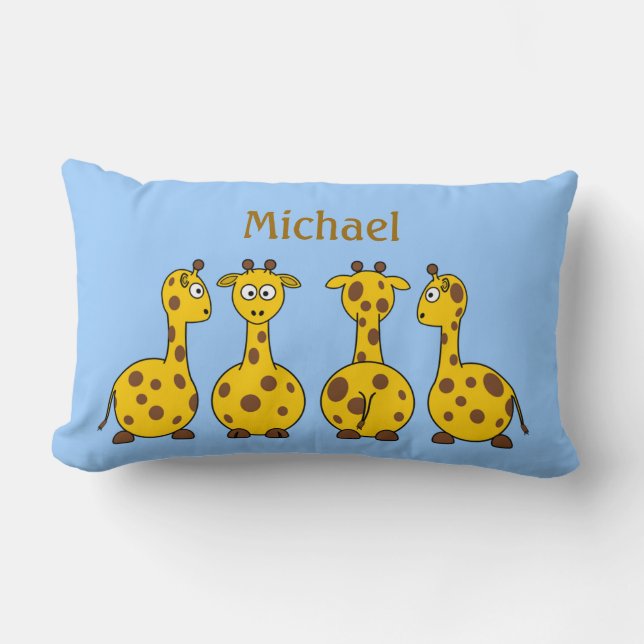 Funny Cartoon Giraffes on Blue Children's Custom Lumbar Cushion (Front)