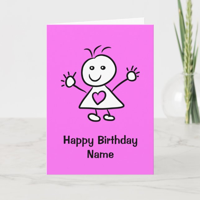 Funny Cartoon Girl Pink Purple Birthday Card (Front)