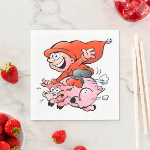 Funny Cartoon Gnome Riding Flying Pig Napkin