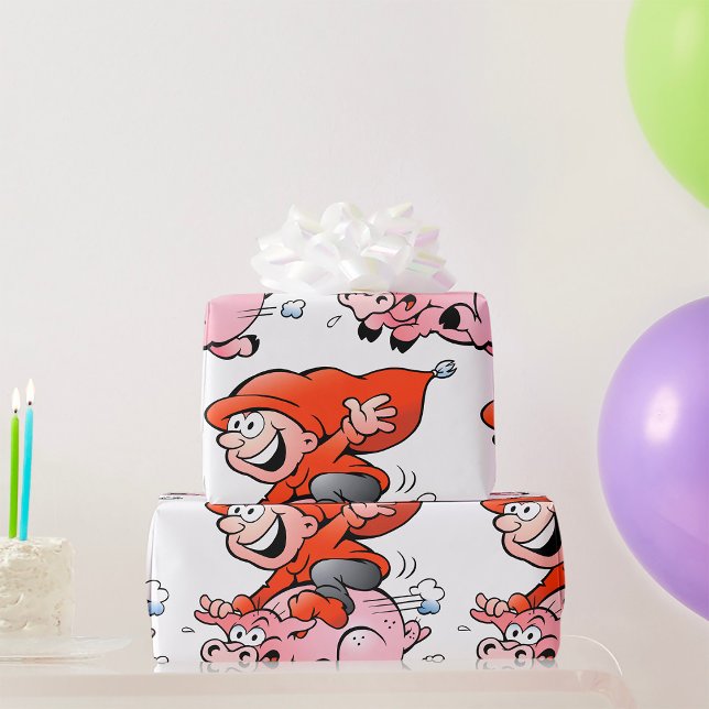 Funny Cartoon Gnome Riding Flying Pig Wrapping Paper (Creator Uploaded)