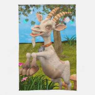 Funny Cartoon Goat Garden Animal Art Tea Towel