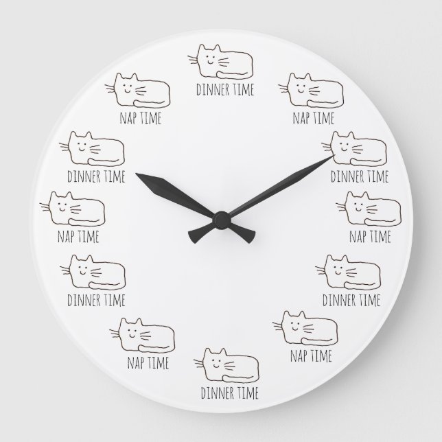Funny Cartoon Hungry Cat Dinnertime Nap Time Clock (Front)