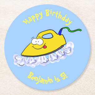 Funny cartoon iron laundry illustration round paper coaster
