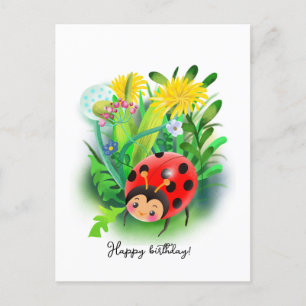 funny cartoon ladybug among summer flowers postcard