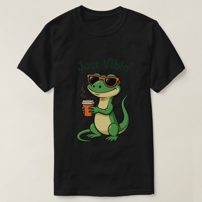 Funny Cartoon Lizard Meme T-Shirt Just Vibin  (Design Front)