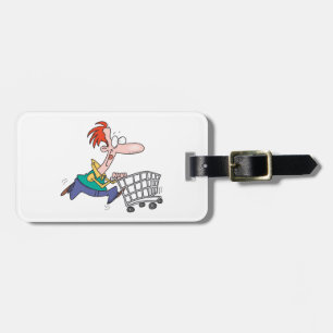 Funny Cartoon Man Running With Shopping Cart Luggage Tag