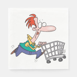 Funny Cartoon Man Running With Shopping Cart Napkin