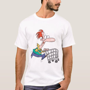 Funny Cartoon Man Running With Shopping Cart T-Shirt