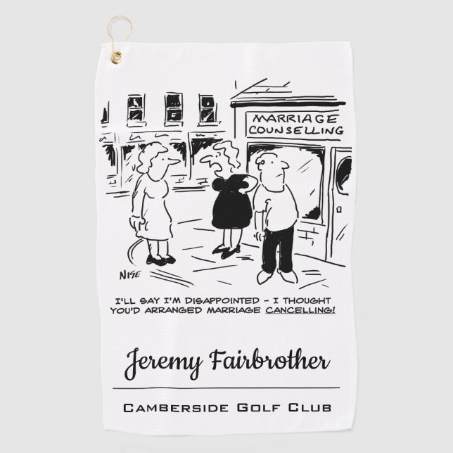 Funny Cartoon Marriage Counselling, not Cancelling Golf Towel (Front)