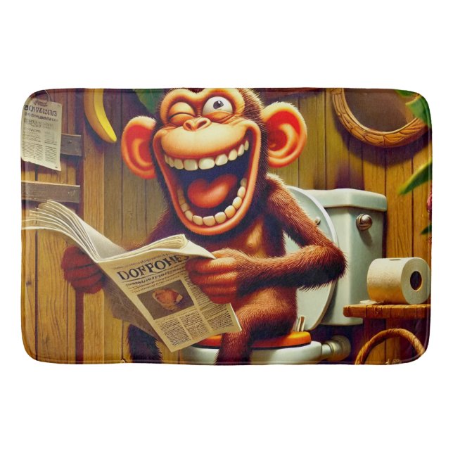 Funny Cartoon Monkey on Toilet  Bath Mat (Front)