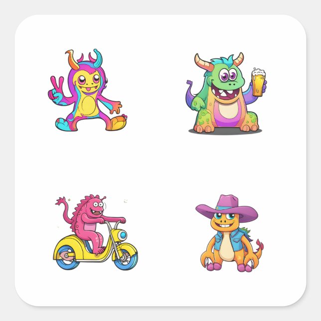 Funny Cartoon Monster 4 Pack Stickers (Front)
