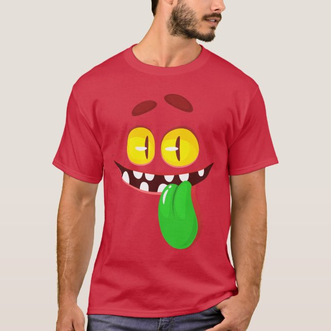 Funny Cartoon Monster Face Showing Tongue T-Shirt (Front)