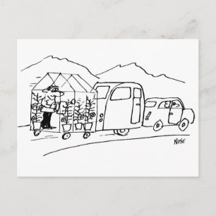 Funny Cartoon of Car Towing Caravan and Greenhouse Postcard