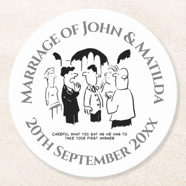 Funny Cartoon on a Wedding Day Wedding Reception Round Paper Coaster (Front)