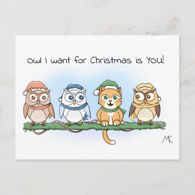 Funny Cartoon Owl I want for Christmas  Holiday Postcard (Front)