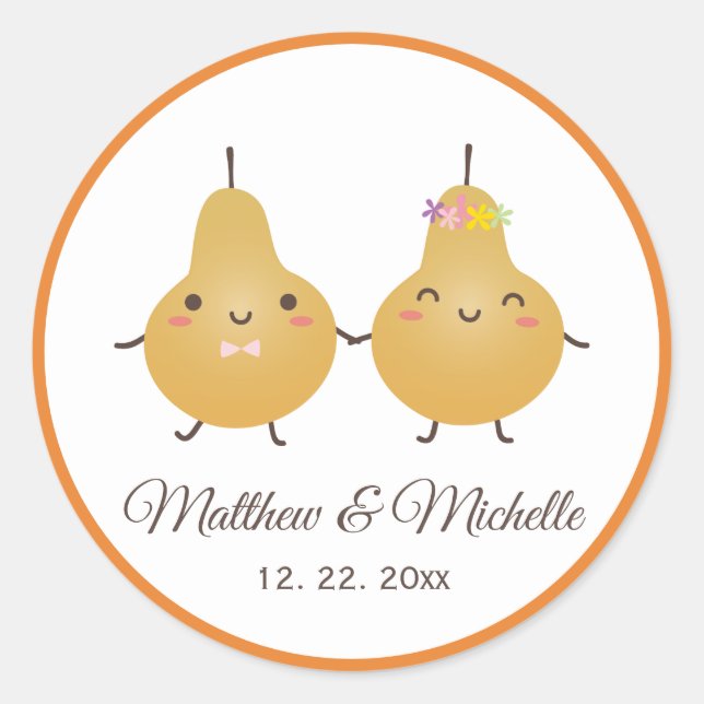 Funny Cartoon Perfect Pear Couple Wedding Favour Classic Round Sticker (Front)