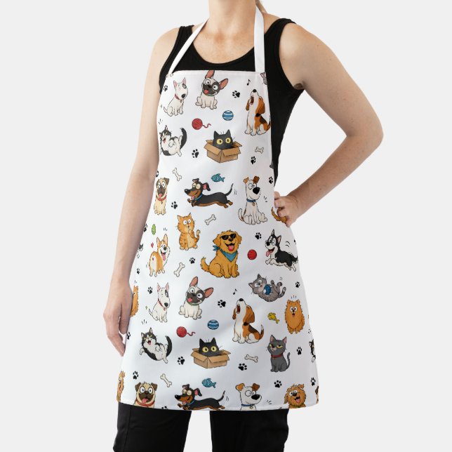 Funny Cartoon Pets Pattern Apron | Cute Cats & Dog (Insitu)