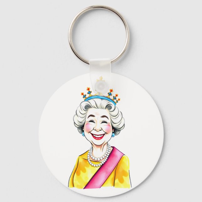 Funny Cartoon Queen Elizabeth II Royal Portrait Key Ring (Front)