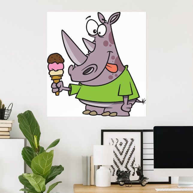Funny Cartoon Rhino Eating Ice Cream Cute Animal  Poster (Creator Uploaded)