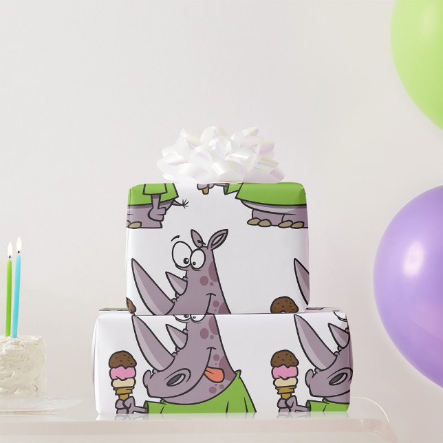 Funny Cartoon Rhino Eating Ice Cream Cute Animal  Wrapping Paper (Creator Uploaded)