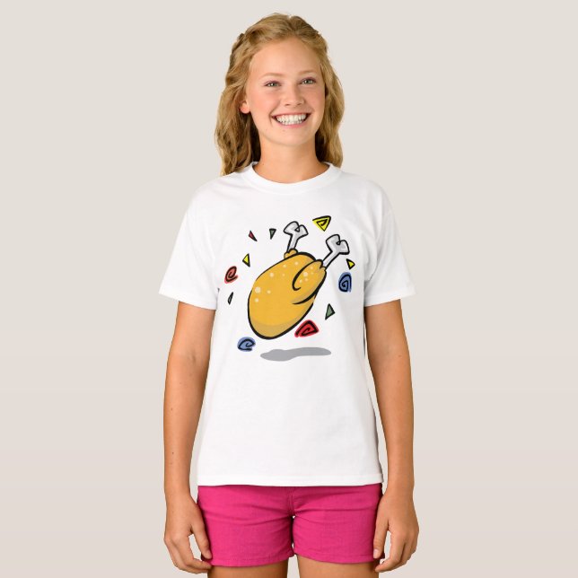Funny Cartoon Roast Chicken Falling T-Shirt (Front Full)