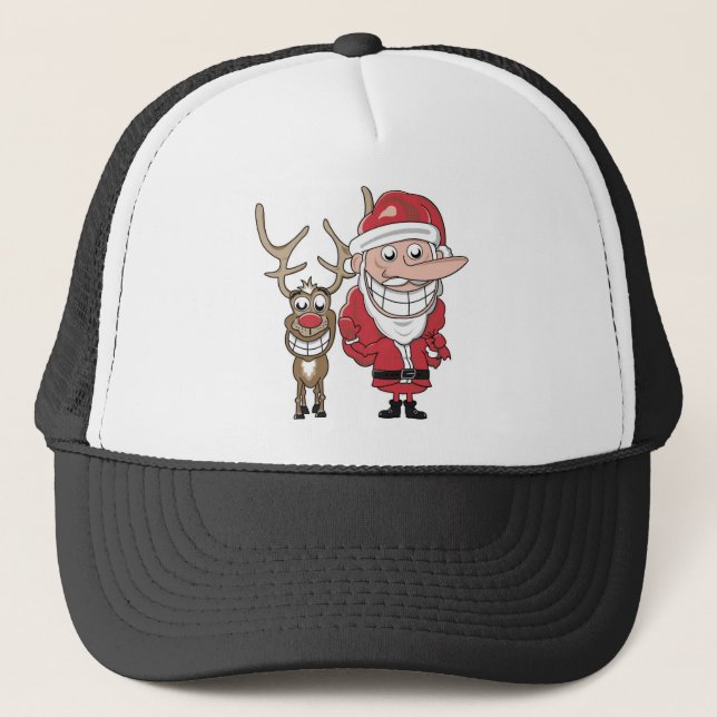 Funny Cartoon Santa and Rudolph Trucker Hat (Front)