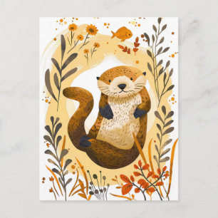 funny cartoon Sea Otter Floating in Ocean Postcard