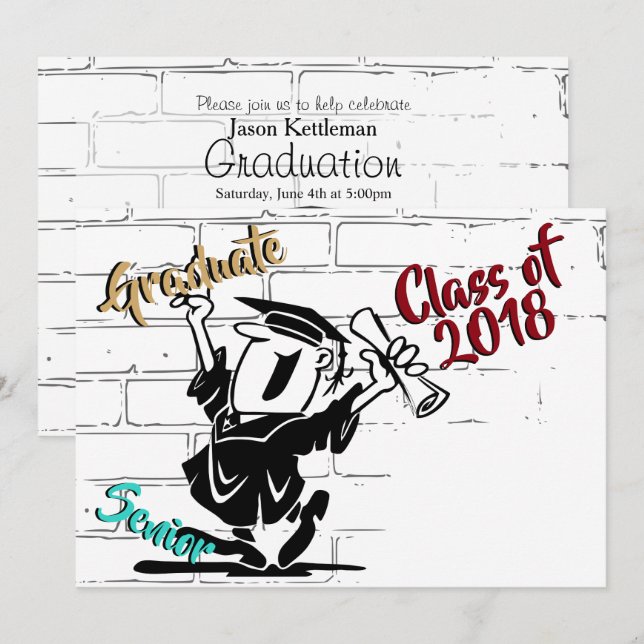 Funny Cartoon Senior Male 🎓 Graduate (Add Year) Invitation (Front/Back)