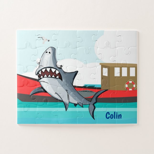 Funny Cartoon Shark in Water | Custom Kids Jigsaw Puzzle (Horizontal)